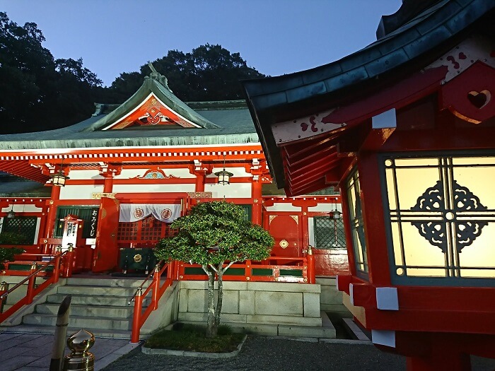 ライトアップされた足利織姫神社の境内