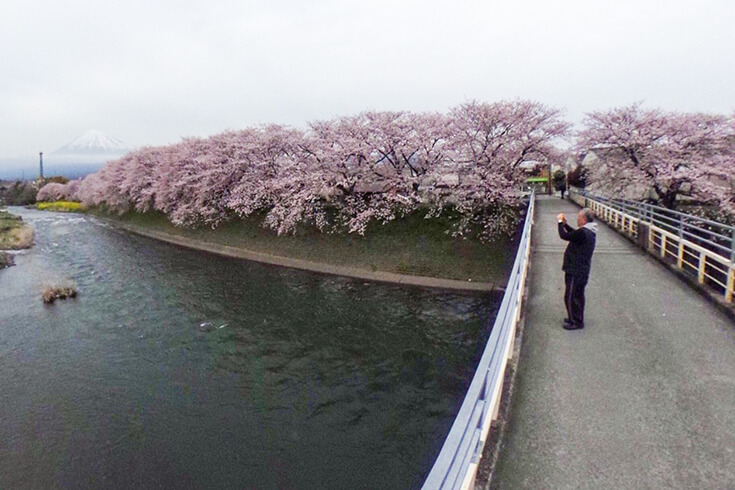 橋の上から写真を撮る男性